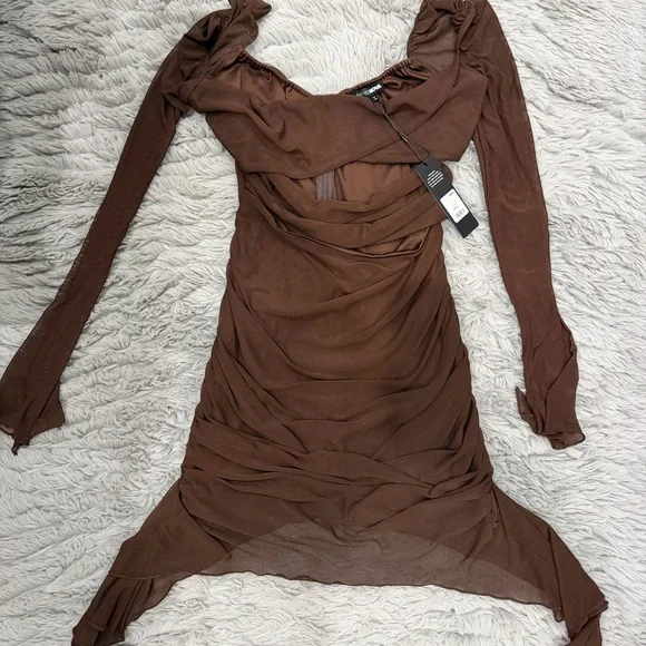 Fashion Jewelry Chocolate Brown Cutout Ruched Mini Dress - Picture 3 of 4